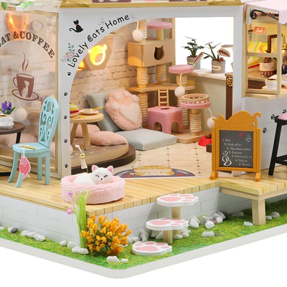 Holzhaus LED Cat's & Coffee "Lovely Cat's Home" Holzbausatz M2111 DIY Puppenhaus