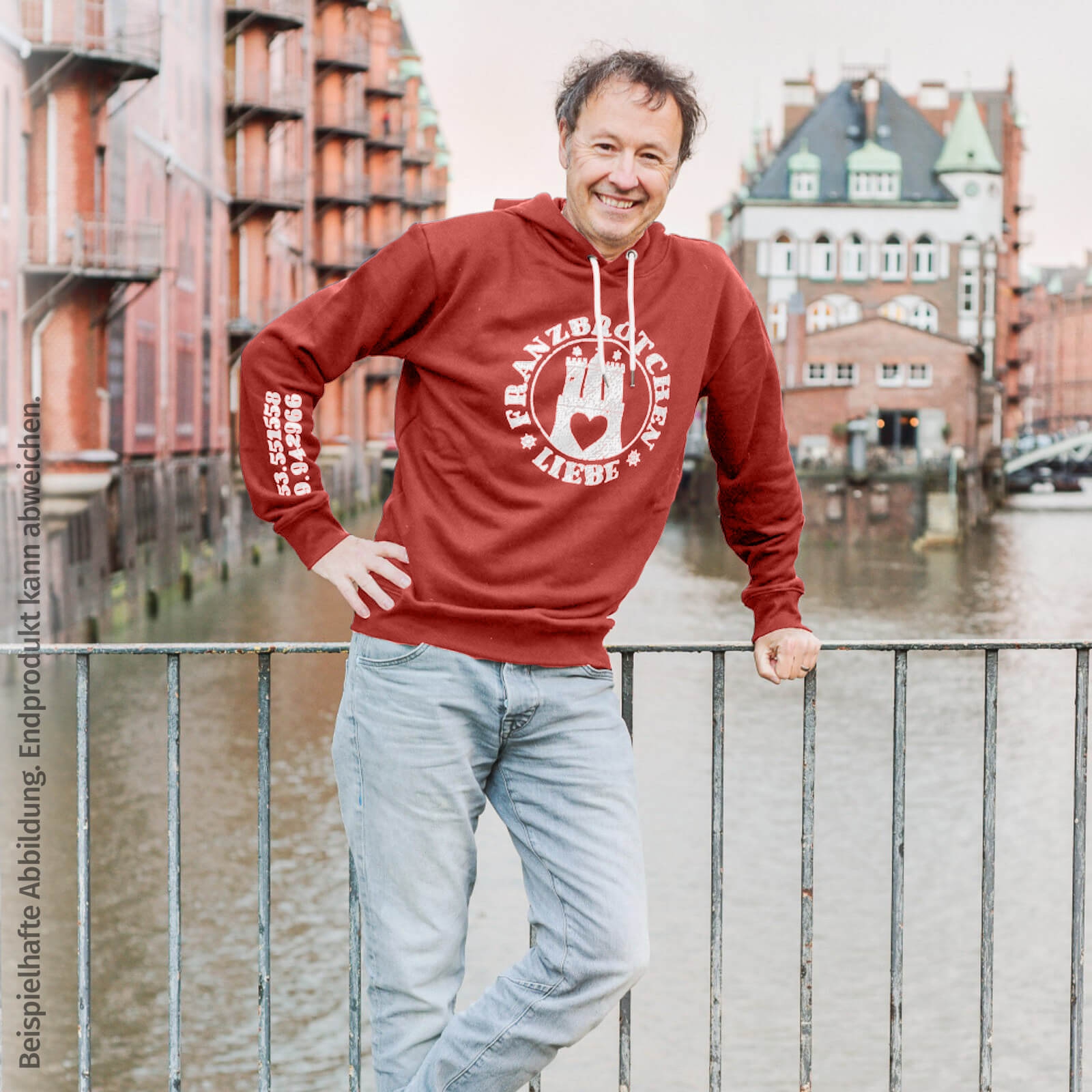 Franzbrötchenliebe Hoodie unisex - Fire Whirl rot mit weißem Print
