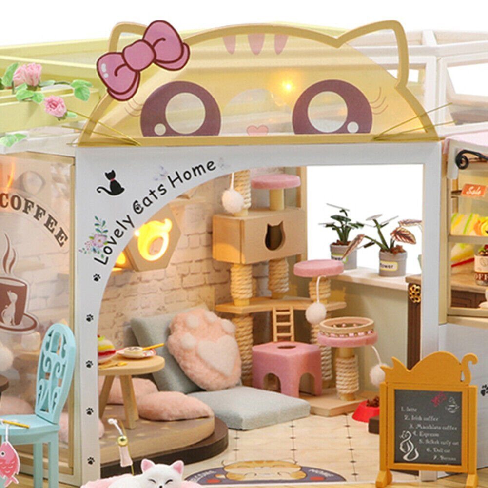 Holzhaus LED Cat's & Coffee "Lovely Cat's Home" Holzbausatz M2111 DIY Puppenhaus