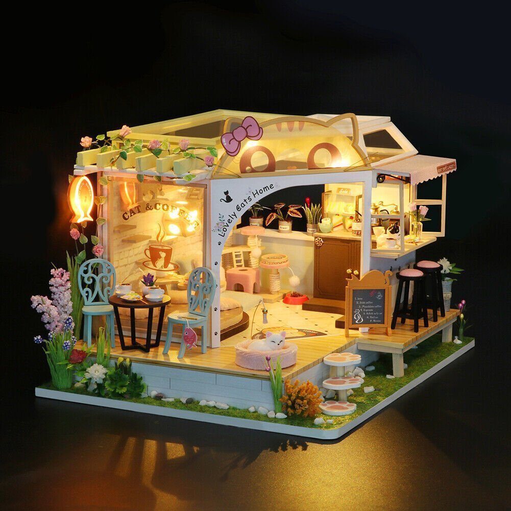 Holzhaus LED Cat's & Coffee "Lovely Cat's Home" Holzbausatz M2111 DIY Puppenhaus