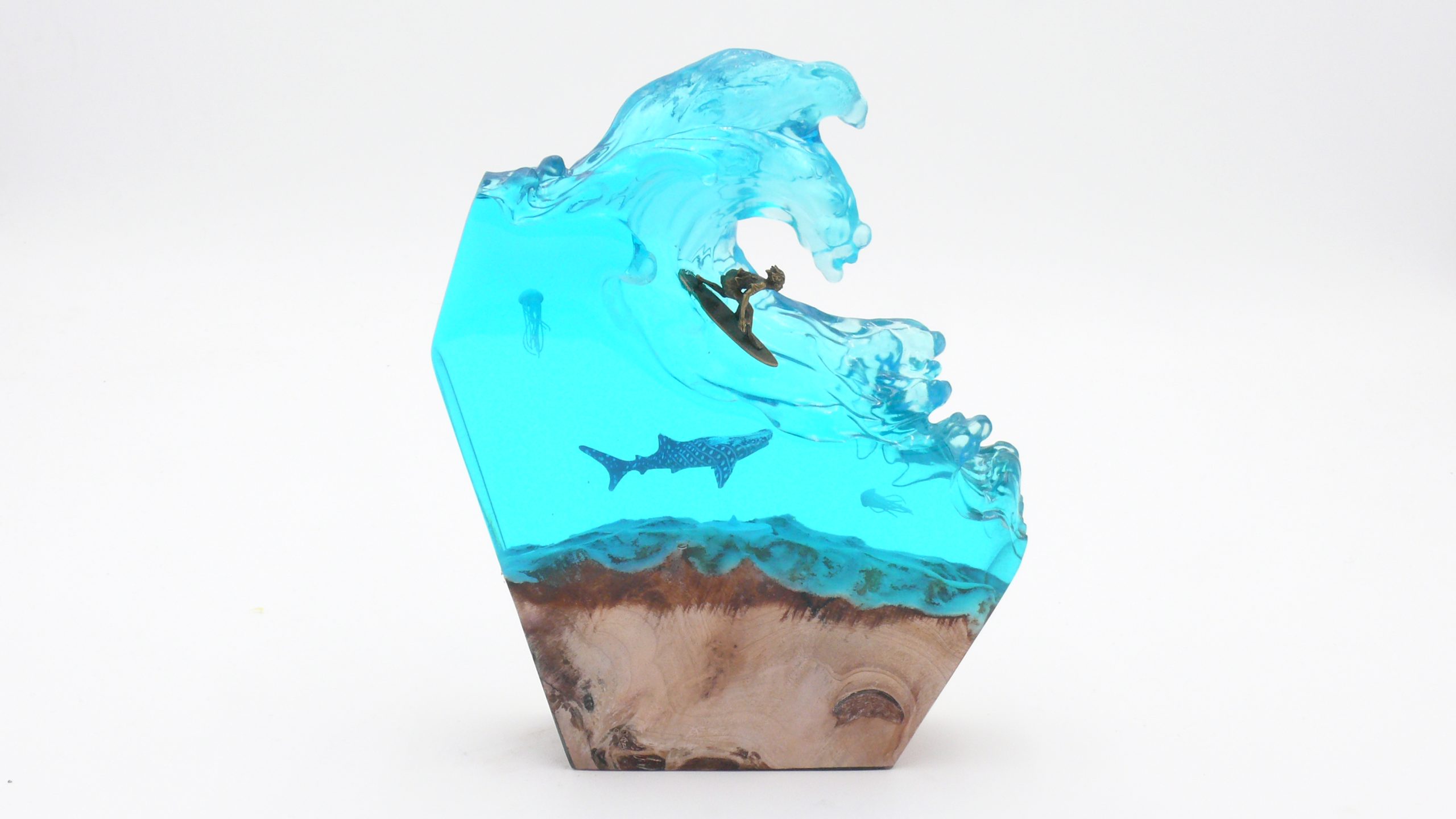 Table Lamp / Night Light Made of Epoxy Resin - Surfer and Whale Shark