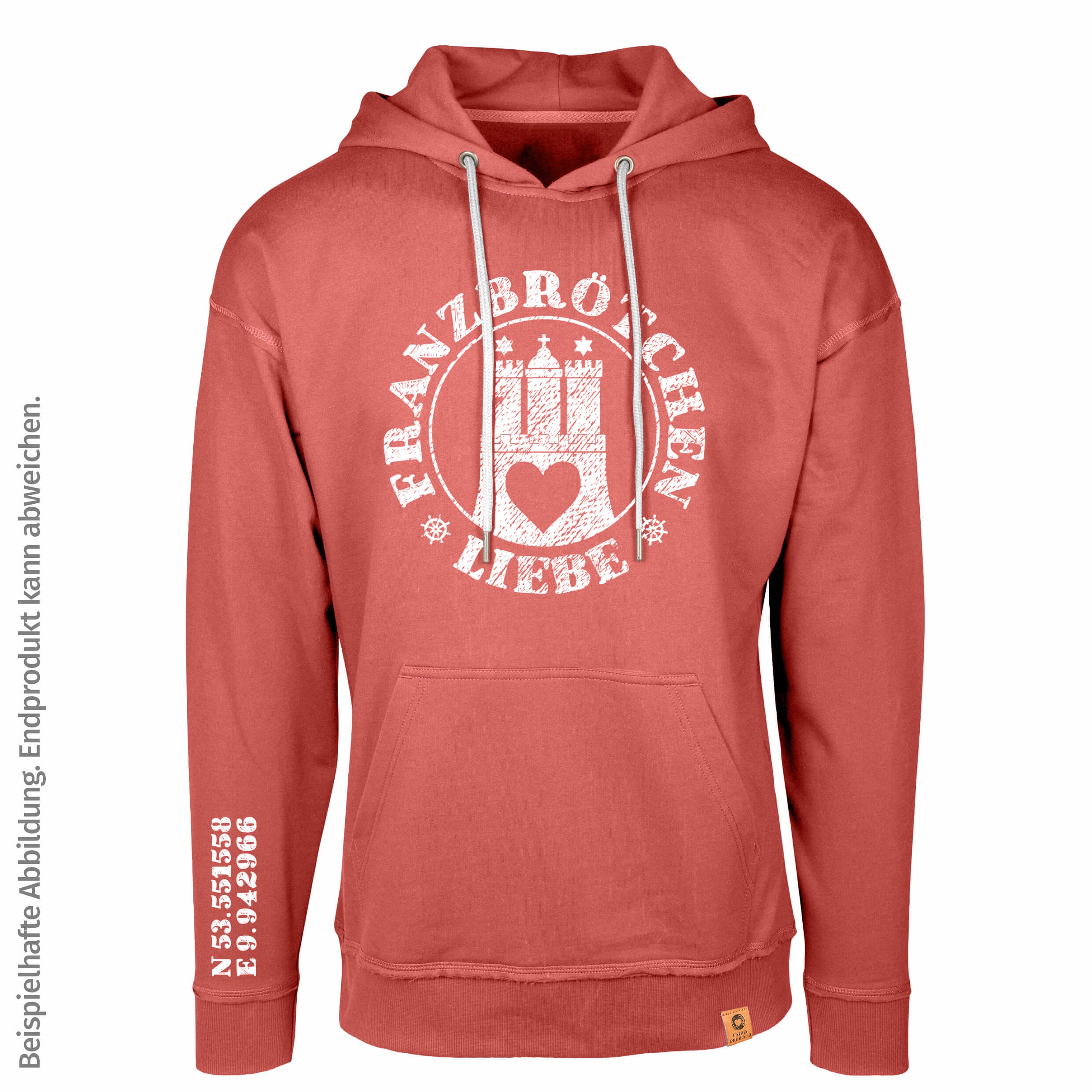 Franzbrötchenliebe Hoodie unisex - Fire Whirl rot mit weißem Print