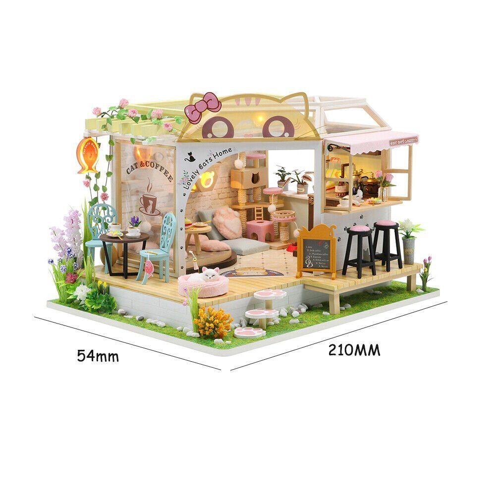 Holzhaus LED Cat's & Coffee "Lovely Cat's Home" Holzbausatz M2111 DIY Puppenhaus