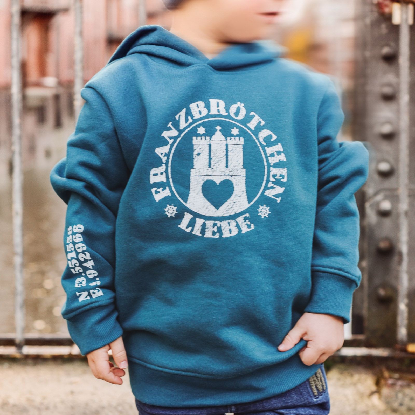 Franzbrötchenliebe Hoodie Kids - Lyons Blue türkis mit weißem Print
