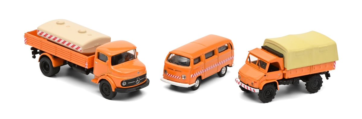 Schuco 452655600 MHI 3-Piece Set Municipal Vehicles – VW T2 Bus, Mercedes-Benz L322 Tanker, Unimog 404