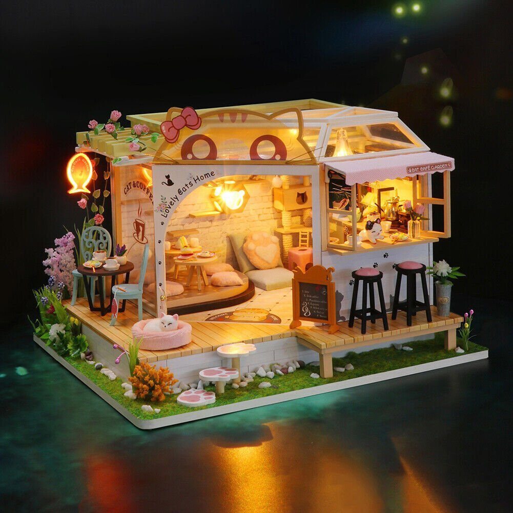 Holzhaus LED Cat's & Coffee "Lovely Cat's Home" Holzbausatz M2111 DIY Puppenhaus