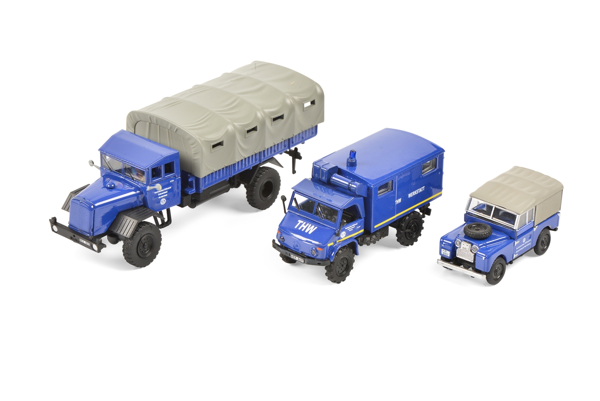 Schuco 452656000 MHI 3-Piece Set THW – Land Rover 88, Unimog 404, Mercedes-Benz LG 315