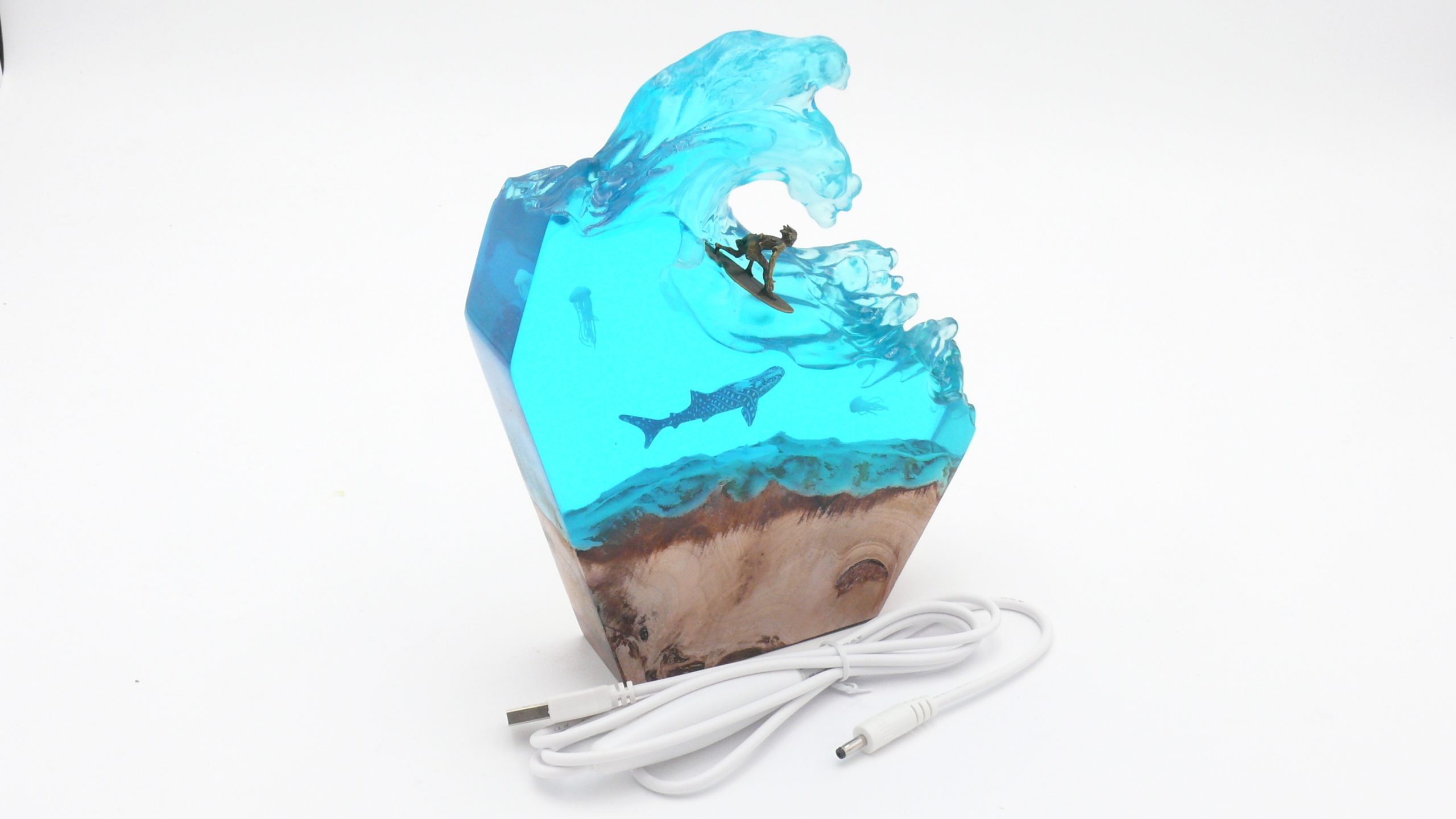 Table Lamp / Night Light Made of Epoxy Resin - Surfer and Whale Shark
